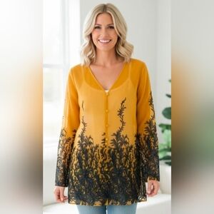 Silk Floral Sheer Top Blouse Vintage Y2K Long Sleeve Butter Yellow XL